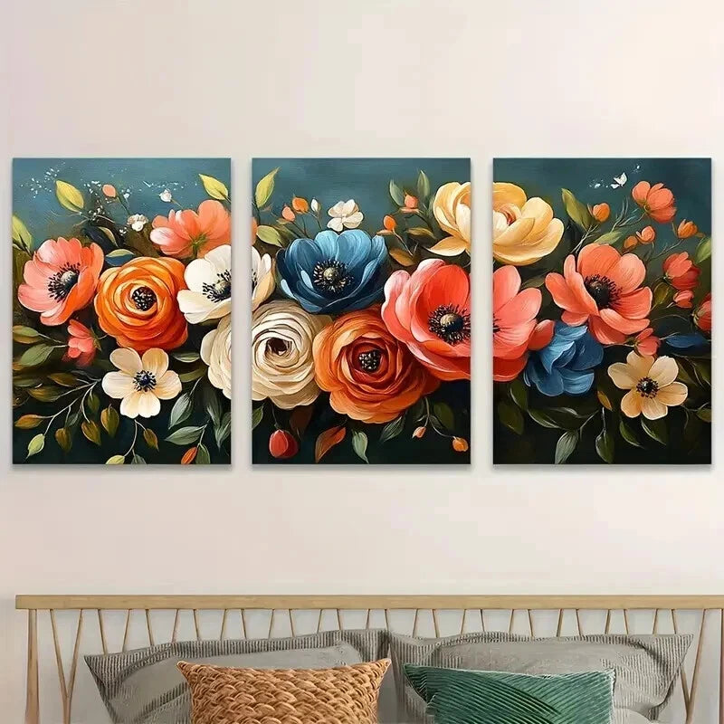 3pcs Bold Floral Bouquet Abstract Perfect Wall Art Set Canvas Framed 50x70cm - High Quality Print 100% Australian Made Wall Canvas Ready to Hang - Bella Home Decor
