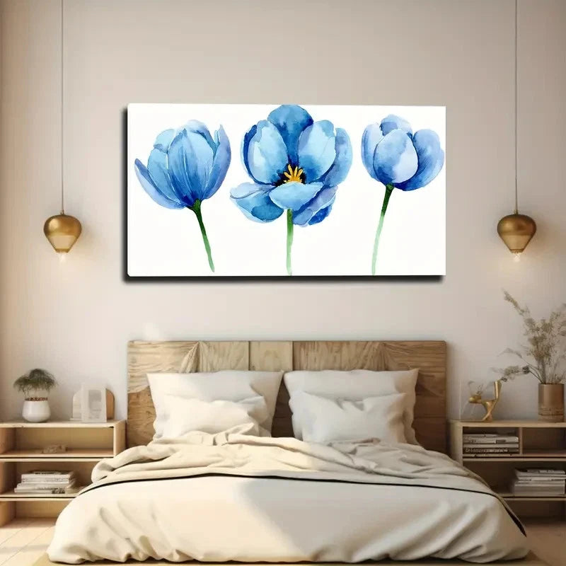 Three Blue Poppies Wall Art Canvas Office Home Room Framed 120x60cm