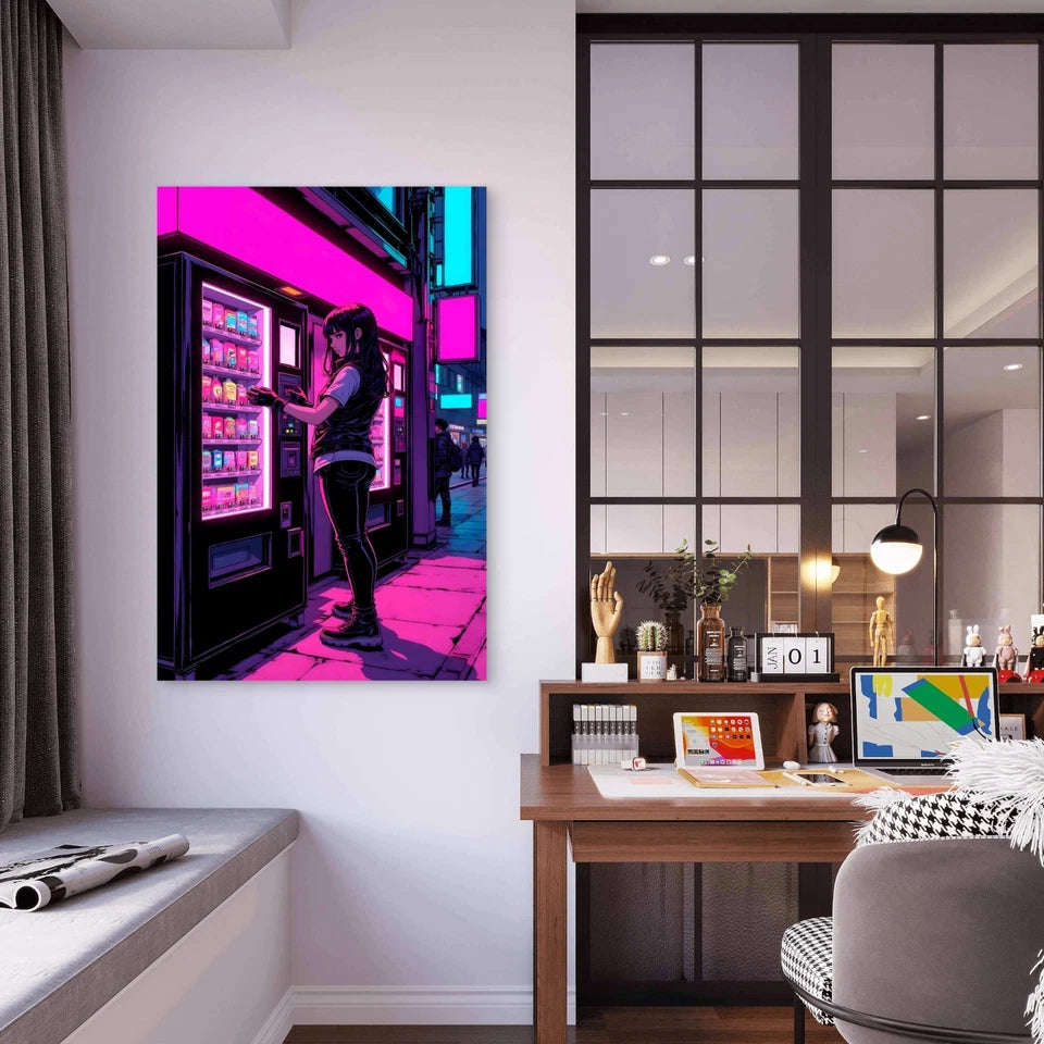 Anime Girl Vending Machine Cyberpunk City 40x60cm Metal Print Ready to Hang