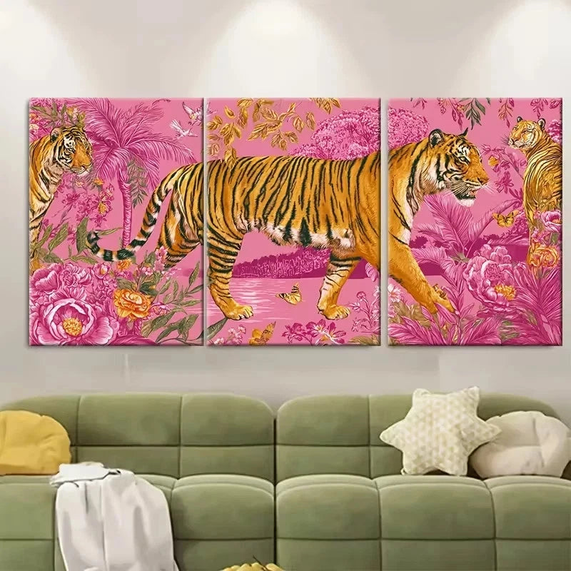3pcs Pink Orange Retro Tiger Wall Art Set Canvas Framed 50x70cm - High Quality Print 100% Australian Made Wall Canvas Ready to Hang
