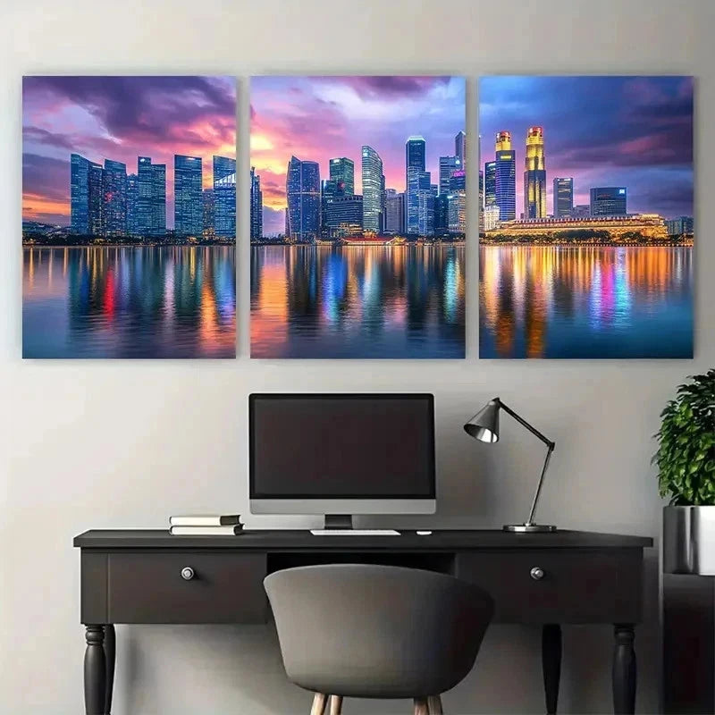3pcs Singapore Skyline City Travel Perfect Wall Art Set Canvas Framed 50x70cm - High Quality Print 100% Australian Made Wall Canvas Ready to Hang