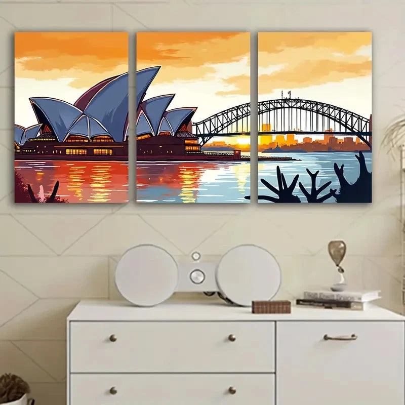 3pcs Sydney Opera House & Harbour Bridge Sunset Wall Art Set Canvas Framed 40x60cm - High Quality Print 100% Australian Made Wall Canvas Ready to Hang