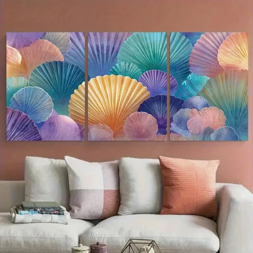 3pcs Warm Orange & Blue Shells Beach Wall Art Canvas Unframed - High Quality Print 100% Australian Made Wall Canvas