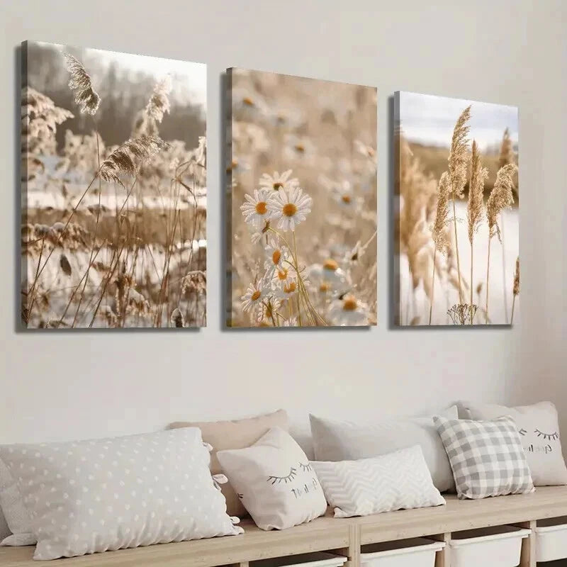 3pcs Botanical Daisy Wildflower Reed Perfect Wall Art Set Canvas Framed 50x70cm - High Quality Print 100% Australian Made Wall Canvas Ready to Hang - Bella Home Decor