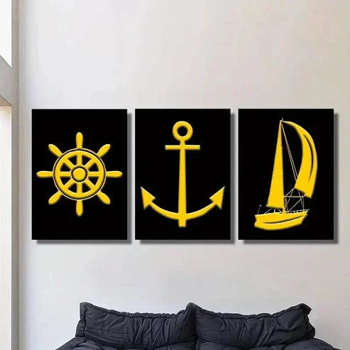 3pcs Yellow Anchor Sailboat Golden Nautical Wall Art Canvas Unframed – High Quality Print 100% Australian Made Wall Canvas