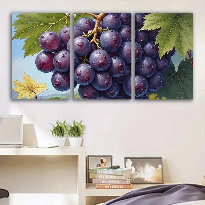 3pcs Vibrant Purple Grapes And Green Leaves Wall Art Set Canvas Framed 60x90cm - High Quality Print 100% Australian Made Wall Canvas Ready to Hang