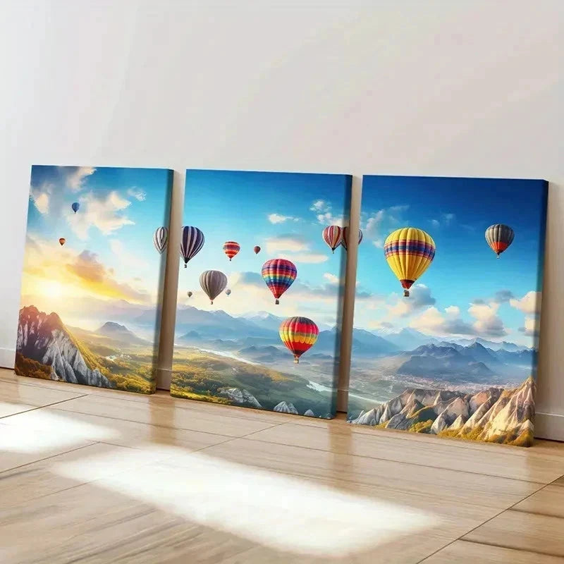 3pcs Vibrant Hot Air Balloon Mountain Wall Art Set Canvas Framed 40x60cm - High Quality Print 100% Australian Made Wall Canvas Ready to Hang - Bella Home Decor