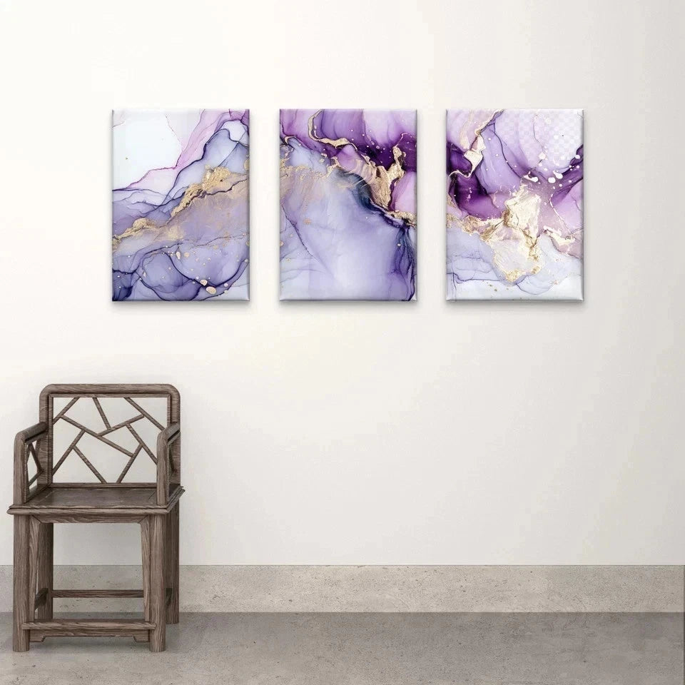3pcs Modern Purple and Gold Alcohol Ink Wall Art Set Canvas Framed 50x70cm - High Quality Print 100% Australian Made Wall Canvas Ready to Hang