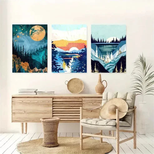 3pcs Abstract Modern River Vista With Trees Art Set Canvas Unframed - High Quality Print 100% Australian Made Wall Canvas - Bella Home Decor