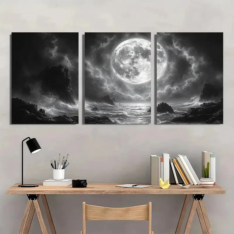 3pcs Black and White Moonlit Ocean Metal Print Ready to Hang Art