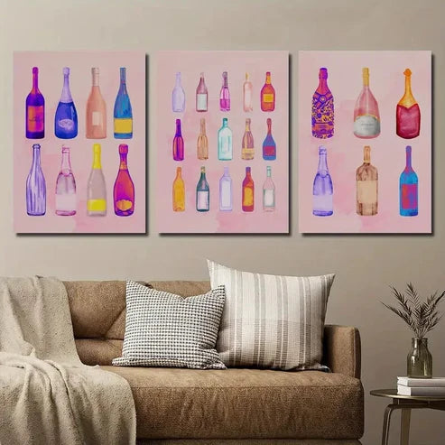 3pcs Beautiful Girly Wine Bottle Bar Cart Wall Art Set Canvas Unframed - High Quality Print 100% Australian Made Wall Canvas - Bella Home Decor