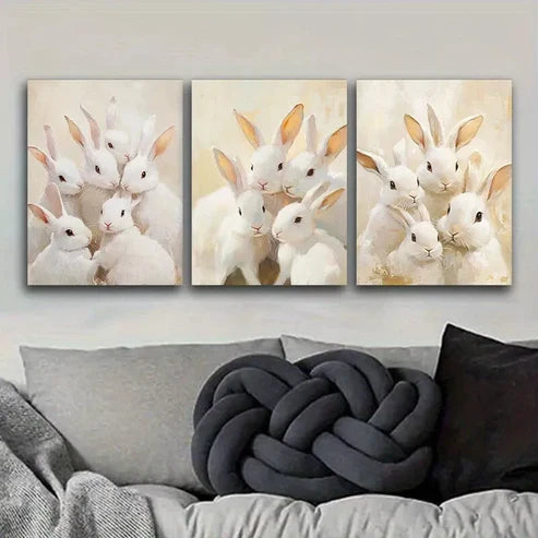 3 PCS White Rabbits Canvas Adorable Animals Wall Art Set Canvas Unframed - High Quality Print 100% Australian Made Wall Canvas - Bella Home Decor