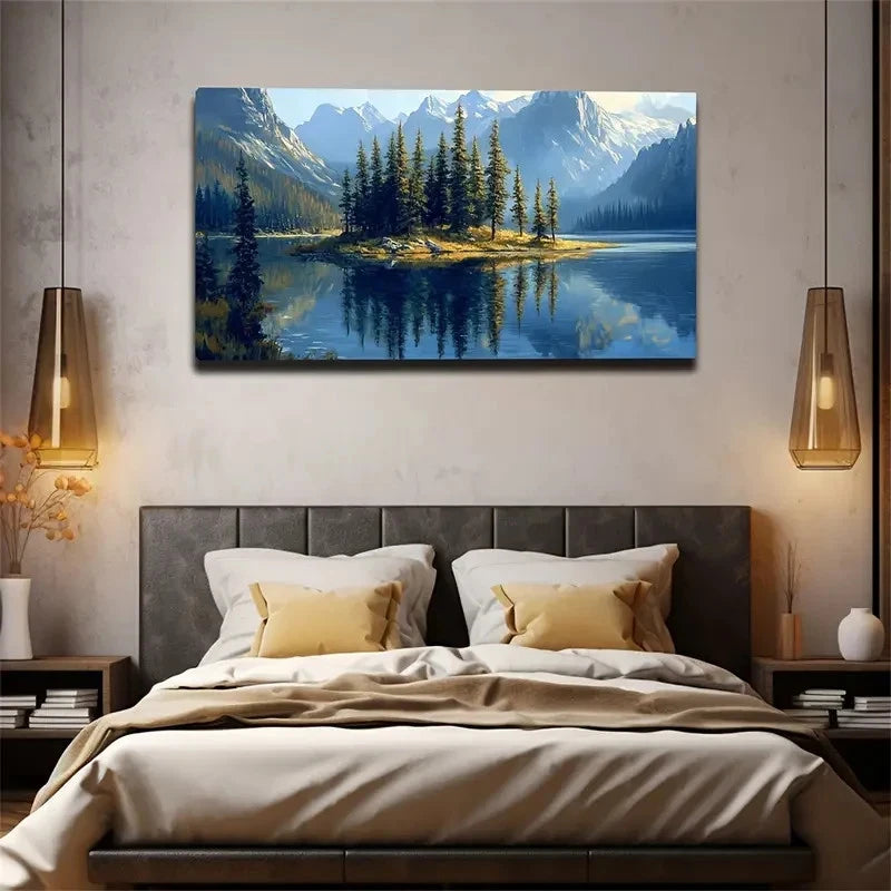 Serene Lake & Island Scene Wall Art Canvas Office Home Room Framed 120x60cm