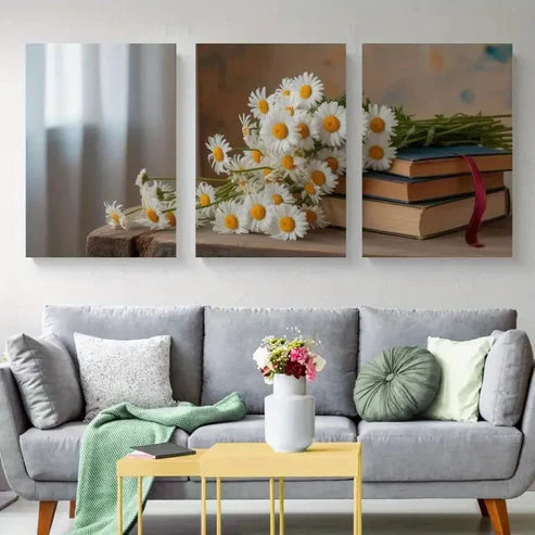 3pcs Daisy and Book Wall Art Canvas Unframed - High Quality Print 100% Australian Made Wall Canvas - Bella Home Decor