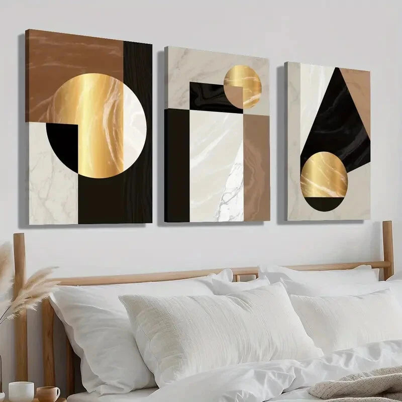3pcs Abstract Geometric Shape Golden Perfect Wall Art Set Canvas Framed 40x60cm - High Quality Print 100% Australian Made Wall Canvas Ready to Hang
