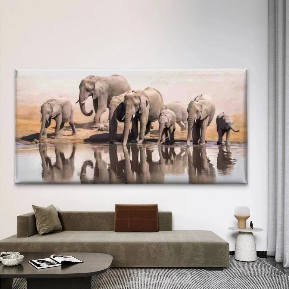 Elephant Herd Drinking Water Wall Art Canvas Office Home Room Framed 120x60cm