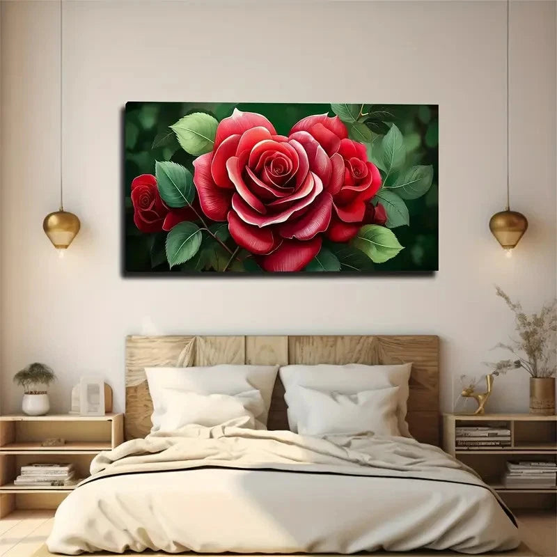Vibrant Red Rose Leaves Wall Art Canvas Office Home Room Framed 120x60cm