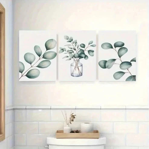 3pcs Light Green Foliage on White Background Wall Art Set Canvas Unframed - High Quality Print 100% Australian Made Wall Canvas