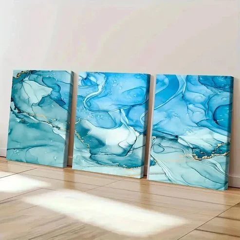 3pcs Abstract Teal Blue with Golden Veins Art Set Canvas Unframed - High Quality Print 100% Australian Made Wall Canvas - Bella Home Decor