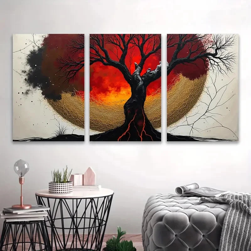 3pcs Painting of a Tree with a Red Sky Wall Art Set Canvas Framed 40x60cm - High Quality Print 100% Australian Made Wall Canvas Ready to Hang
