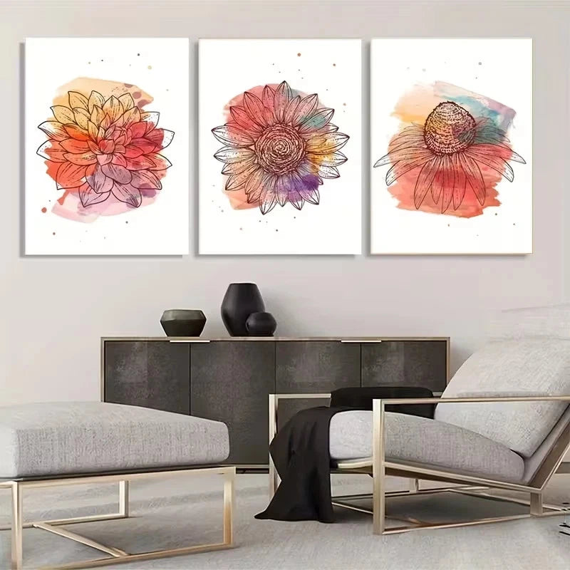 3pcs Colorful Wildflower Watercolor Wall Art Set Canvas Framed 40x60cm - High Quality Print 100% Australian Made Wall Canvas Ready to Hang - Bella Home Decor