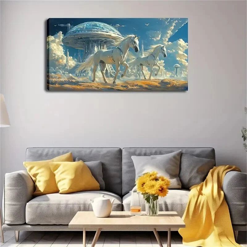 Futuristic White Horses Running Wall Art Canvas Office Home Room Framed 120x60cm - Bella Home Decor