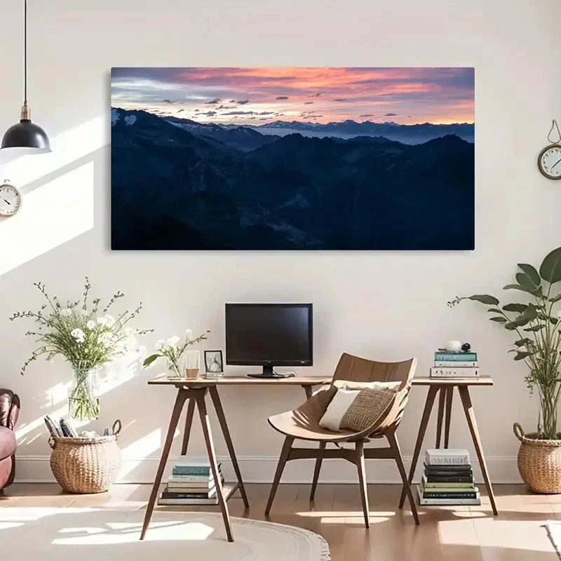 Sunset Over Snow-Capped Peaks Wall Art Canvas Office Home Room Framed 120x60cm