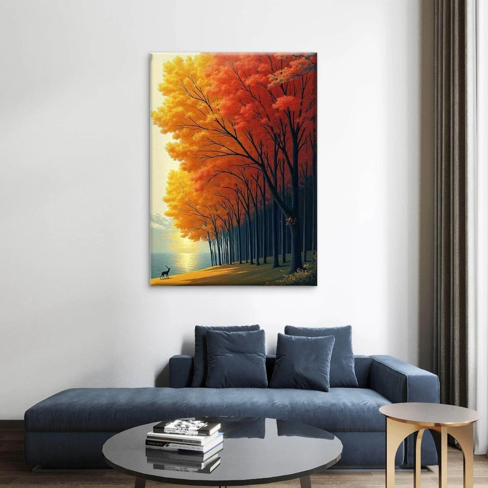 Autumn Trees by the Lakeside at Sunset 40x60cm Metal Print Ready to Hang