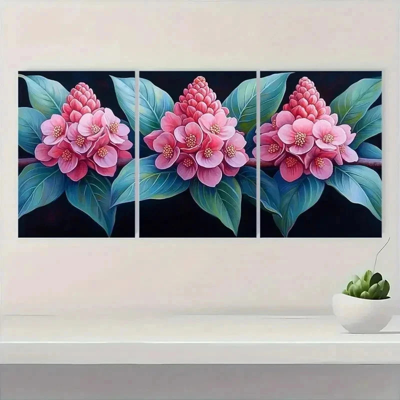 3pcs Vibrant Floral Design with Green Leaves D Wall Art Set Canvas Framed 40x60cm - High Quality Print 100% Australian Made Wall Canvas Ready to Hang