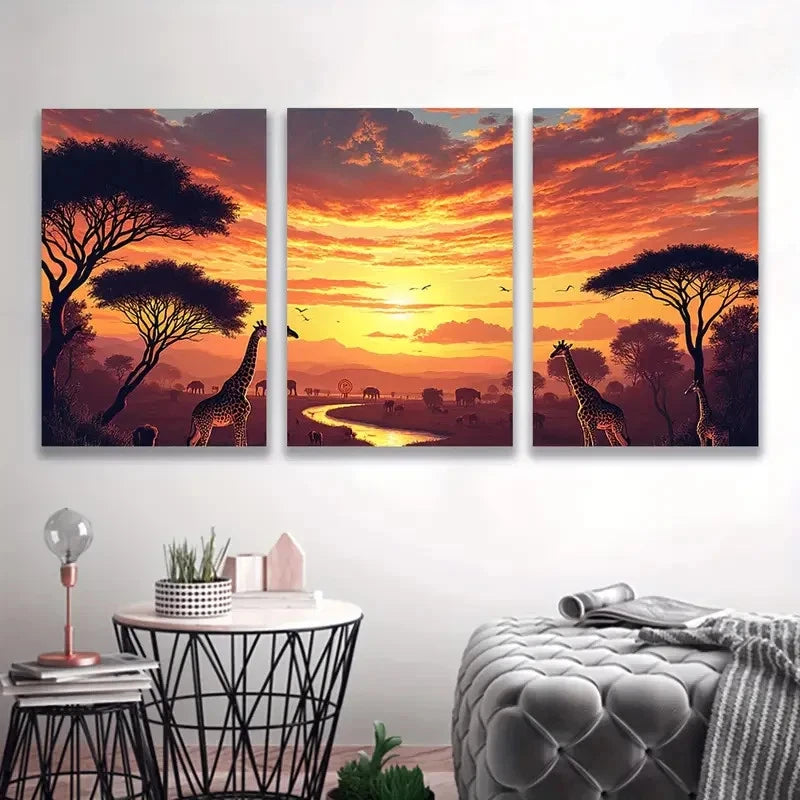 3pcs African Savannah Sunset Giraffe Wildlife \ Wall Art Set Canvas Framed 60x90cm - High Quality Print 100% Australian Made Wall Canvas Ready to Hang - Bella Home Decor