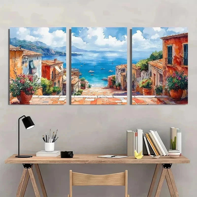 3pcs Street Scene Watercolor Coastal Perfect Wall Art Set Canvas Framed 60x90cm - High Quality Print 100% Australian Made Wall Canvas Ready to Hang - Bella Home Decor