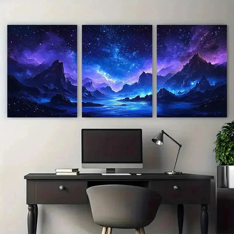 3pcs Starry Night Sky Fine Peaceful Perfect Wall Art Set Canvas Framed 50x70cm - High Quality Print 100% Australian Made Wall Canvas Ready to Hang.