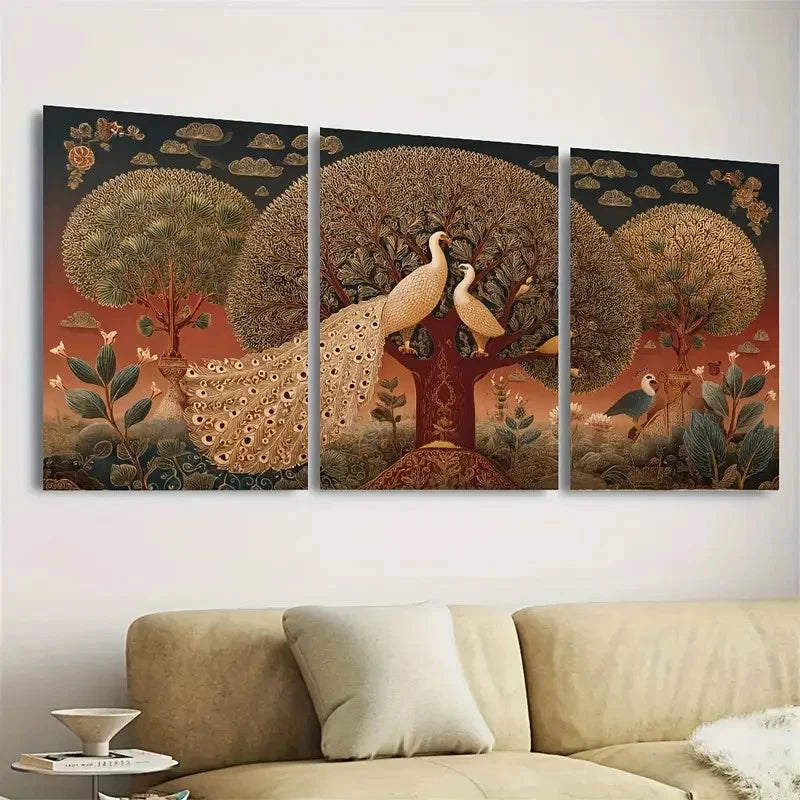 3pcs Indian Embroidery Tree of Life Wall Art Set Canvas Framed 40x60cm - High Quality Print 100% Australian Made Wall Canvas Ready to Hang