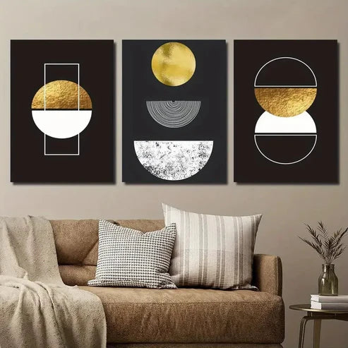 3pcs Elegant Black & Golden Geometric Wall Art Set Canvas Unframed - High Quality Print 100% Australian Made Wall Canvas