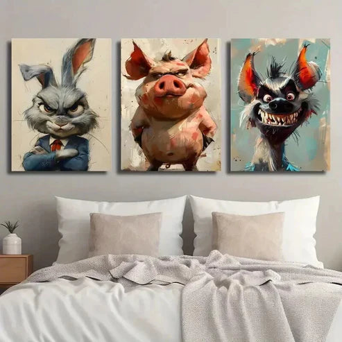 3pcs Bunny in Suit Whimsical Hyena and Pig Wall Art Set Canvas Unframed - High Quality Print 100% Australian Made Wall Canvas - Bella Home Decor
