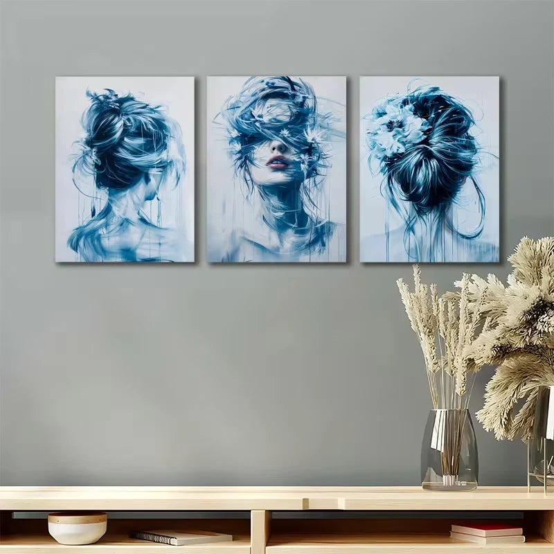 3pcs Blue Abstract Female Portrait Metal Print Ready to Hang Art