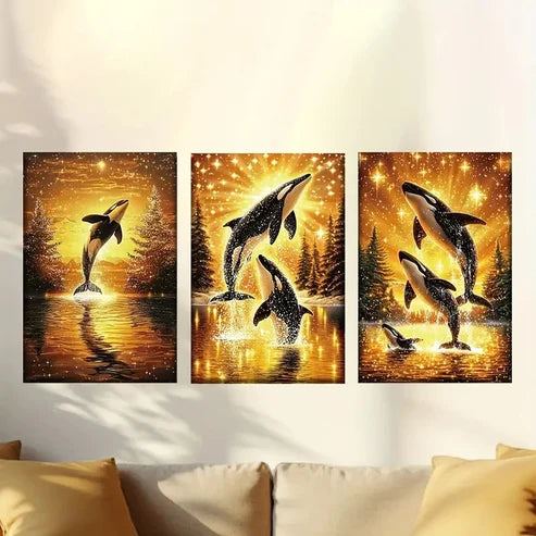 3pcs Whale Family in Golden Sunset Scene Wall Art Canvas Unframed - High Quality Print 100% Australian Made Wall Canvas