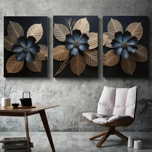 3pcs Golden Leaves, Black Flowers Wall Art Set Canvas Unframed - High Quality Print 100% Australian Made Wall Canvas - Bella Home Decor