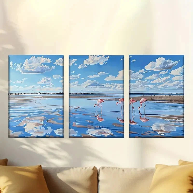 3pcs Flamingo Family Under The Blue Sky Wall Art Set Canvas Framed 50x70cm - High Quality Print 100% Australian Made Wall Canvas Ready to Hang