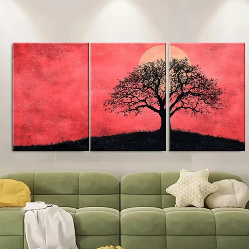 3pcs Abstract Pink Sky with Black Tree Silhouette Metal Print Ready to Hang Art