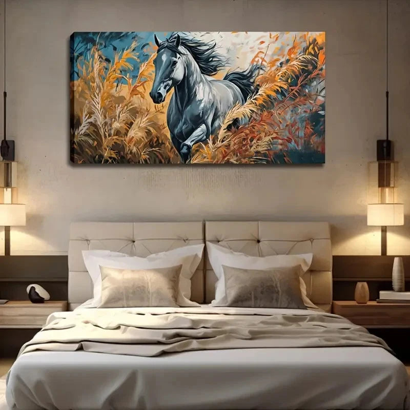 Gray Horse In Golden Grass Wall Art Canvas Office Home Room Framed 120x60cm