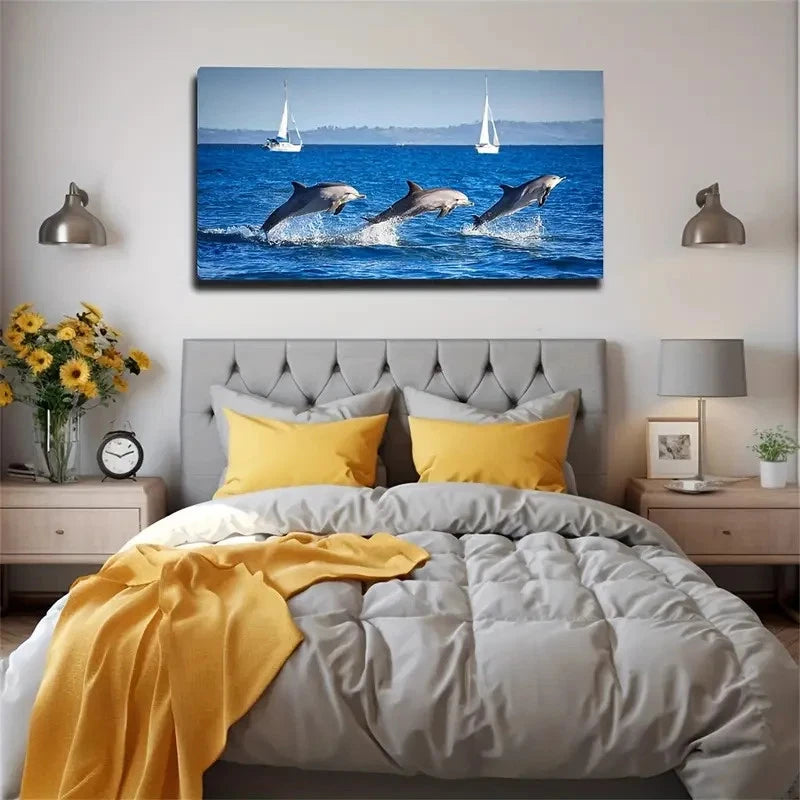 Jumping Dolphins Sailboats Wall Art Canvas Office Home Room Framed 120x60cm
