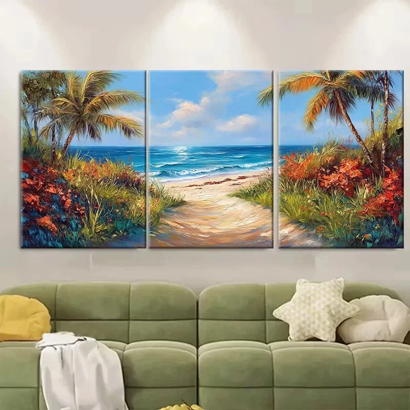 3pcs Tropical Beach Path Painting Wall Art Set Canvas Framed 50x70cm - High Quality Print 100% Australian Made Wall Canvas Ready to Hang