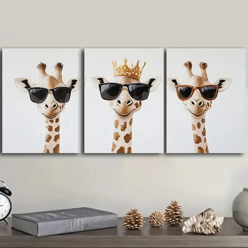 3pcs Three Cool Giraffes With A Royal Crown Wall Art Set Canvas Framed 40x60cm - High Quality Print 100% Australian Made Wall Canvas Ready to Hang