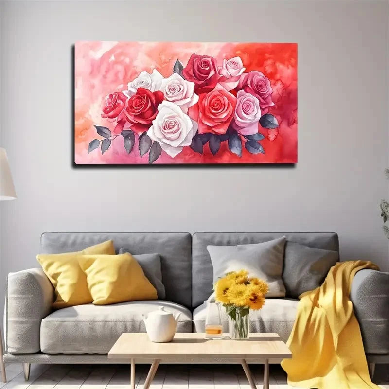 Vibrant Blooming Roses Bohemian Wall Art Canvas Office Home Room Framed 120x60cm