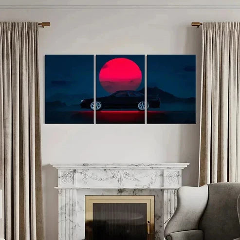 3pcs Modern Car in Red Sun Scene Decor Wall Art Canvas Unframed - High Quality Print 100% Australian Made Wall Canvas