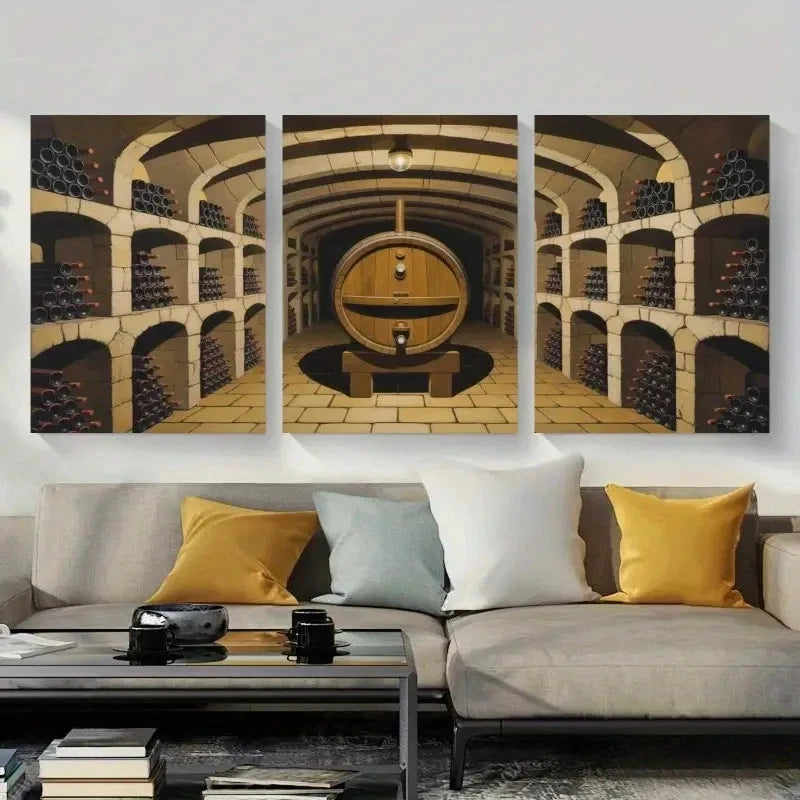 3pcs Wine Bottles, Wine Barrel Wall Art Set Canvas Framed 50x70cm - High Quality Print 100% Australian Made Wall Canvas Ready to Hang - Bella Home Decor
