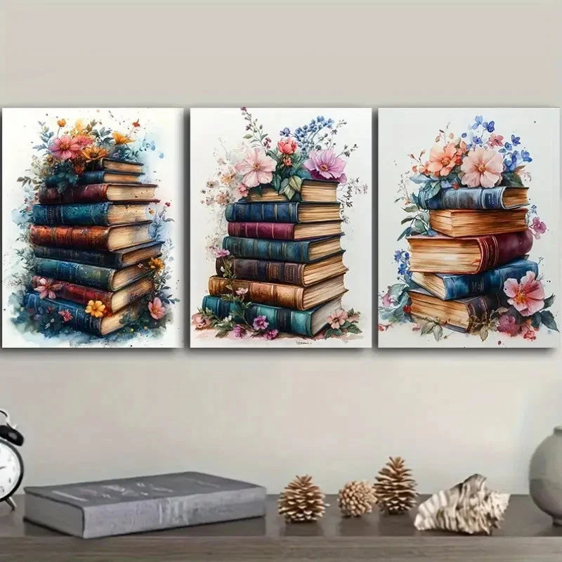 3pcs Featuring a Stack of Books Wall Art Set Canvas Framed 50x70cm - High Quality Print 100% Australian Made Wall Canvas Ready to Hang