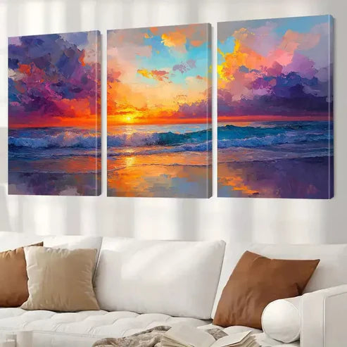 3pcs Aesthetic Sky Waves Seascape Sunset Wall Art Canvas Unframed - High Quality Print 100% Australian Made Wall Canvas - Bella Home Decor