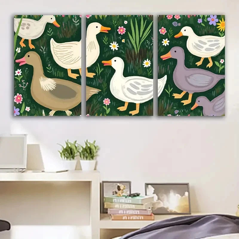 3pcs Whimsical Duck Family Meadow Scene Wall Art Set Canvas Framed 40x60cm - High Quality Print 100% Australian Made Wall Canvas Ready to Hang
